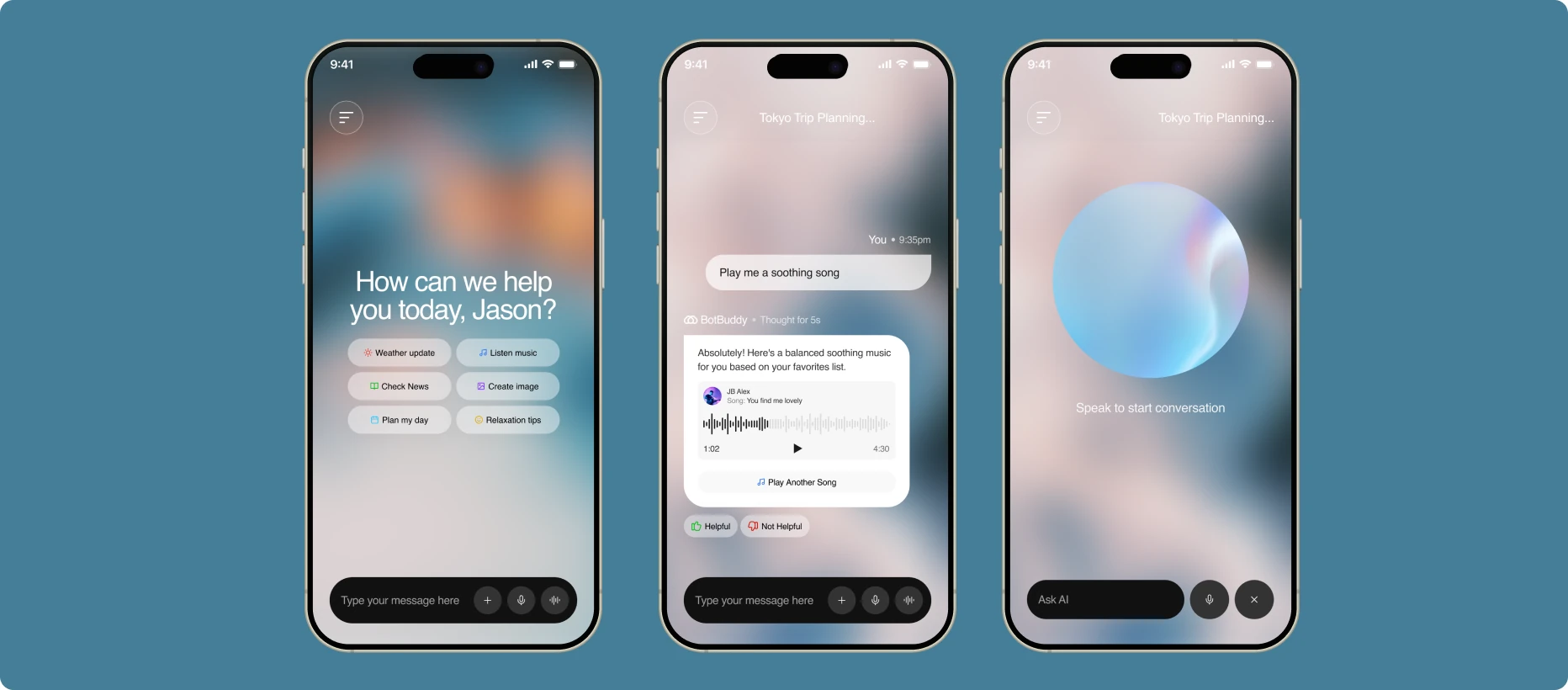 Three iPhone screens from the Botbuddy AI chat app on a slate blue plate: the voice-first home screen, a music reply with an audio player, and the listening state.