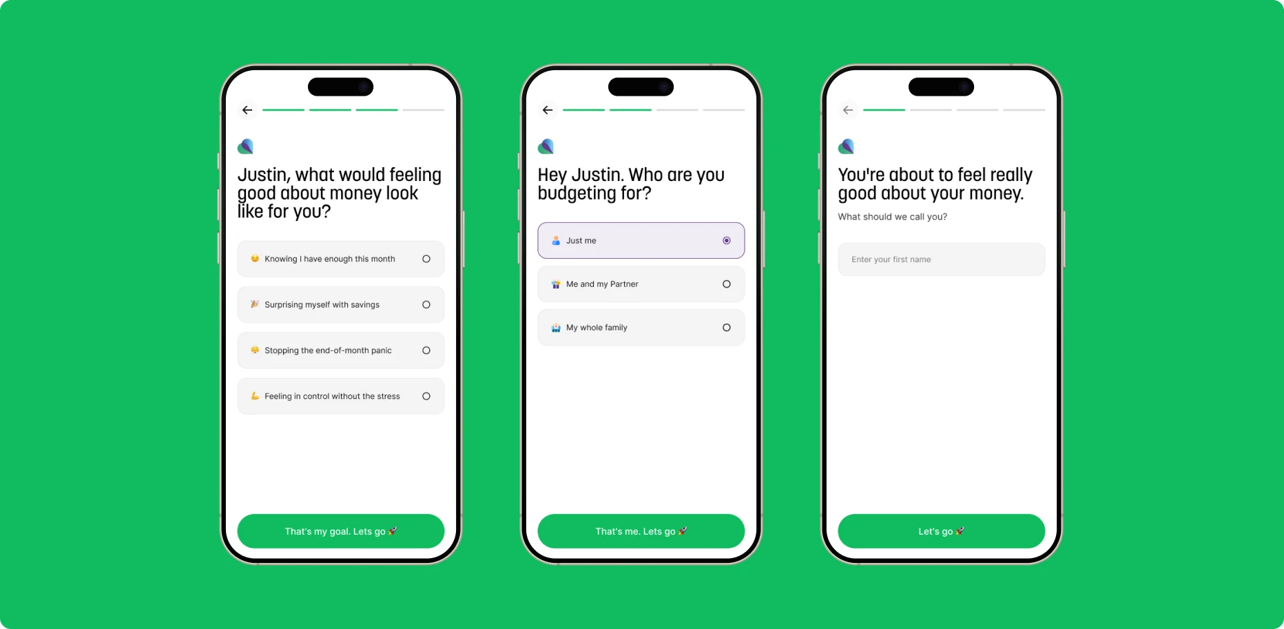 Three iPhone screens from the Prospr onboarding flow on a green plate: the name question, the household question, and the goal question.