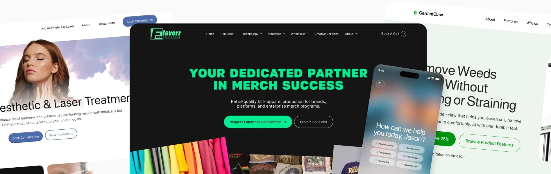 A strip of three further page designs: a dark product homepage, a green landing page, and a third marketing site.