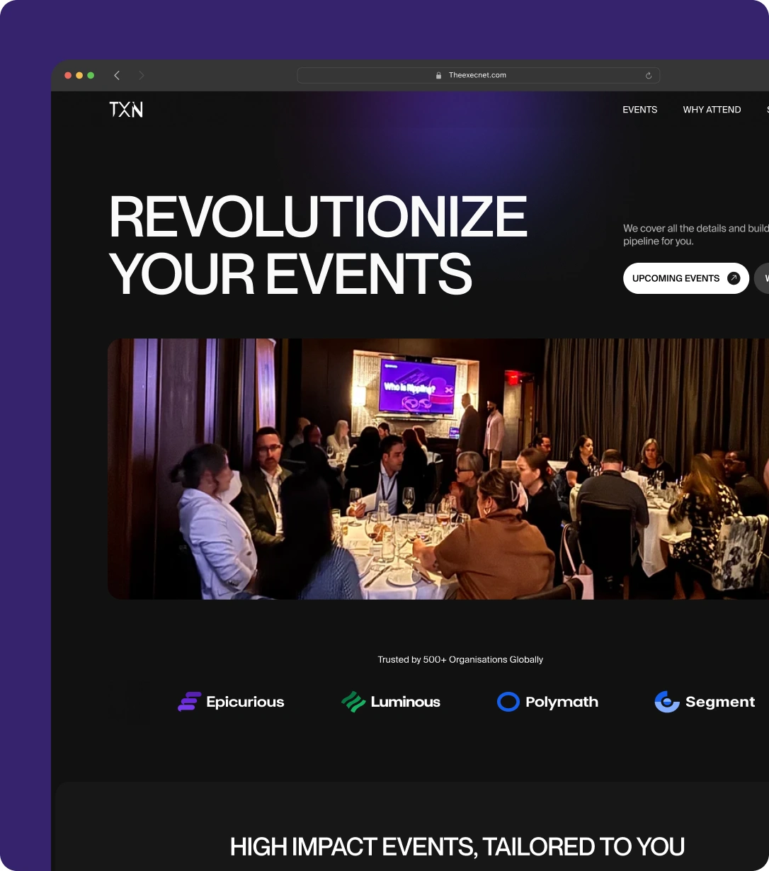 The TXN events site in a browser window on a deep purple plate, with the REVOLUTIONIZE YOUR EVENTS hero over a photo of a packed dinner event.