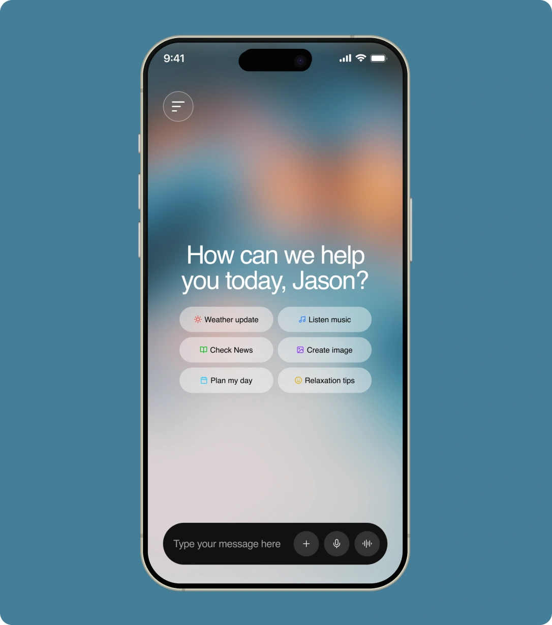 The Botbuddy AI chat app on a slate blue plate, showing the voice-first home screen that asks "How can we help you today, Jason?" over a row of suggested prompts.