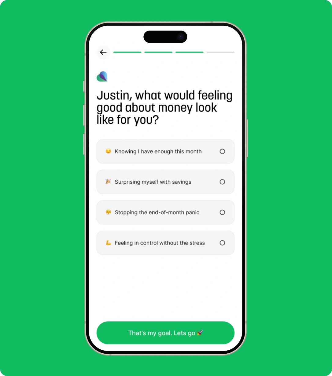 The Prospr onboarding flow on a green plate, showing the goal question asking what feeling good about money would look like.