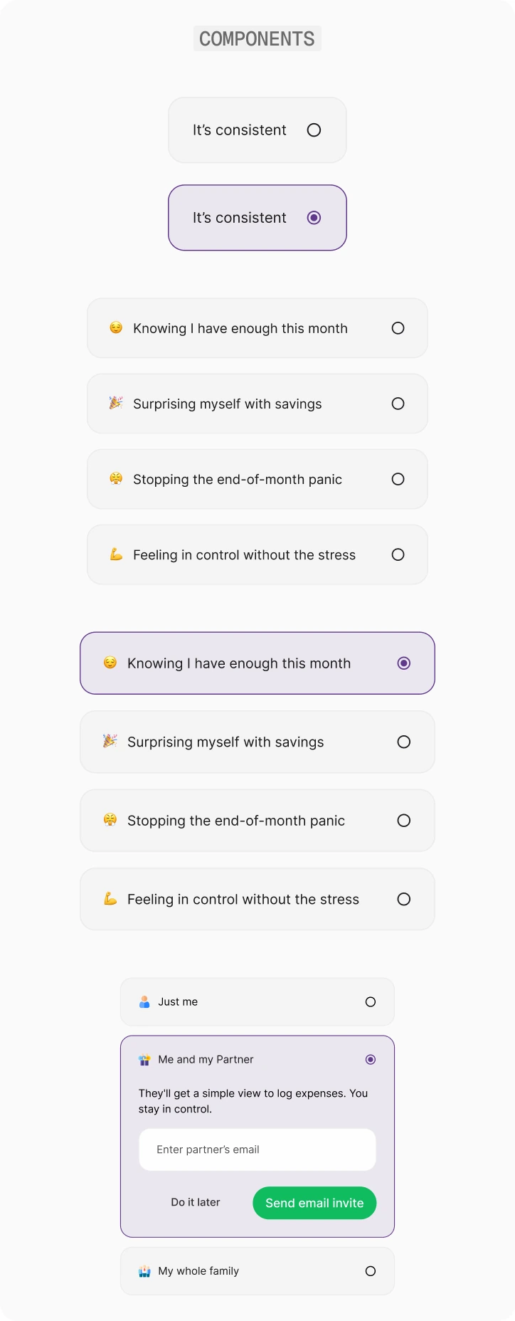 The components built for the flow: goal chips in default and selected states, a consistency toggle, and the partner-invite sheet.