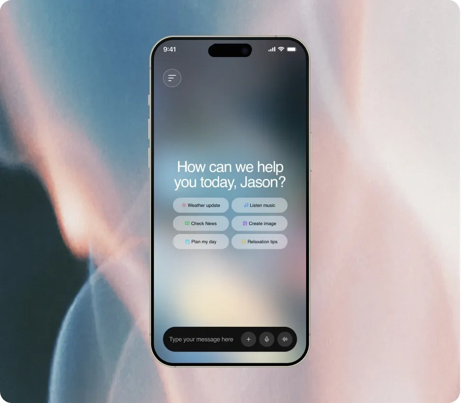 Two Botbuddy screens side by side, the gradient behind each one tuned to a different mood.