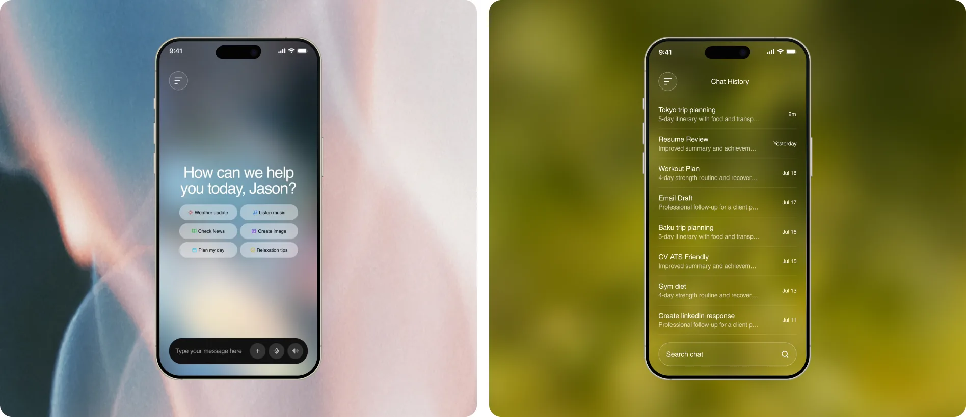 Two Botbuddy screens side by side, the gradient behind each one tuned to a different mood.
