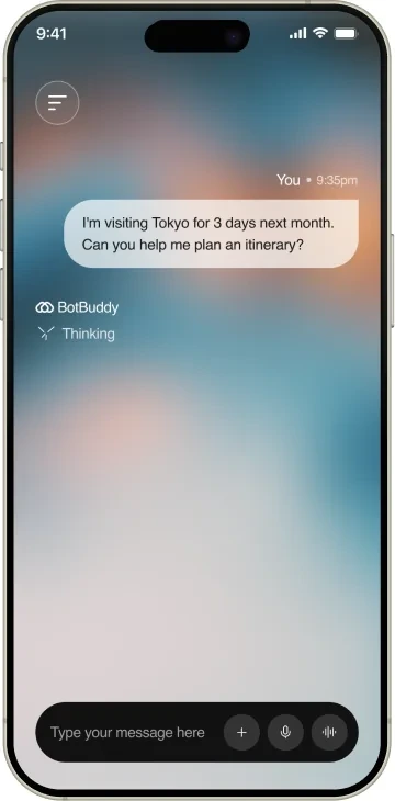 Five Botbuddy screens covering voice input and media-carrying responses.