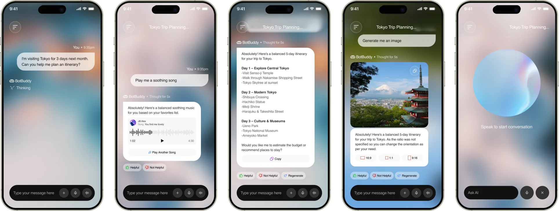Five Botbuddy screens covering voice input and media-carrying responses.