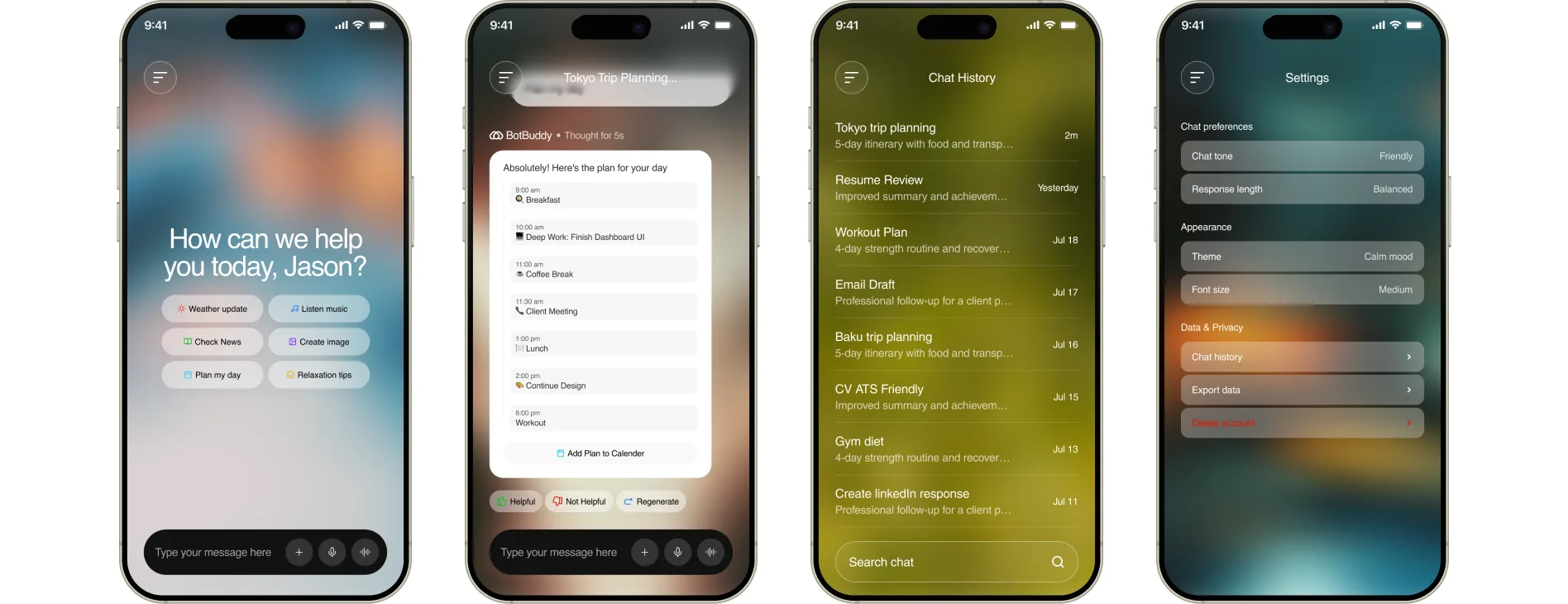 Four further Botbuddy screens, including history and settings.