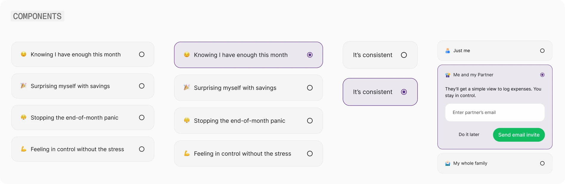 The components built for the flow: goal chips in default and selected states, a consistency toggle, and the partner-invite sheet.