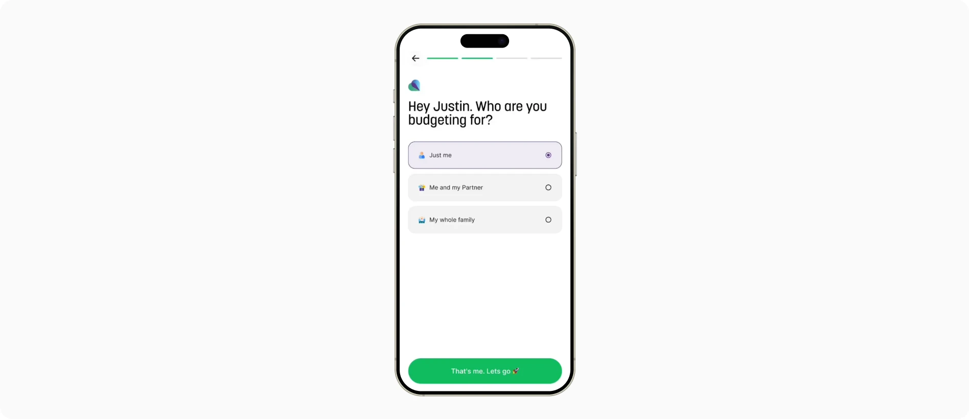 The partner-invite screen: an email field, a “Do it later” option and a “Send email invite” button, with “Just me” still the default.