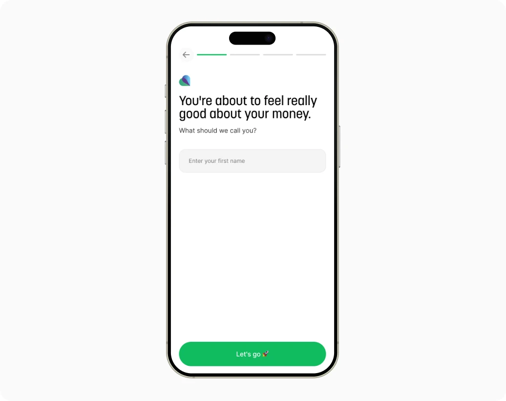 The first onboarding screen asking only for a first name, above a four-step progress bar.